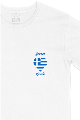 Kavala Yunanistan Bayraklı Kalpli Cep Logo Tasarımlı Beyaz Tişört