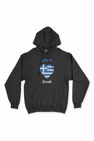 Kavala Yunanistan Bayraklı Kalpli Siyah Sweatshirt Hoodie