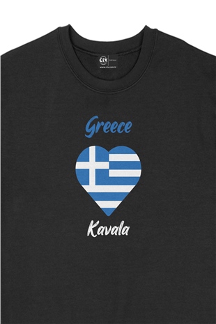 Kavala Yunanistan Bayraklı Kalpli Siyah Sweatshirt