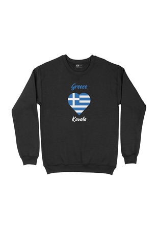 Kavala Yunanistan Bayraklı Kalpli Siyah Sweatshirt