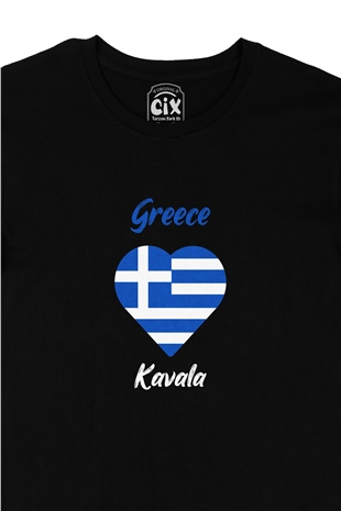 Kavala Yunanistan Bayraklı Kalpli Siyah Tişört