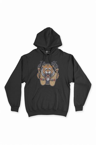 Kaykaylı Kaplan Siyah Kapşonlu Sweatshirt Hoodie