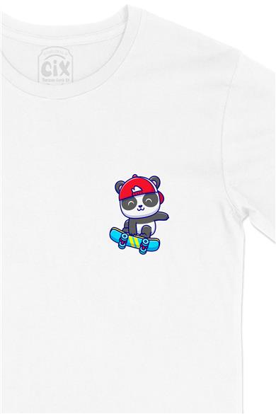 Kaykaylı Panda Cep Tasarım Baskılı Beyaz Tişört