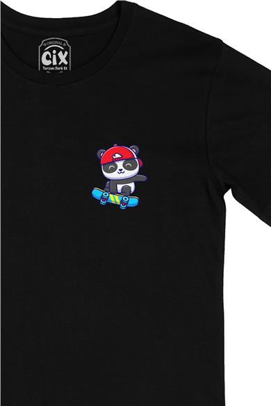 Kaykaylı Panda Cep Tasarım Baskılı Siyah Tişört