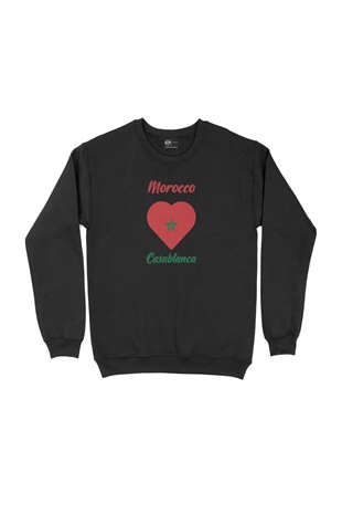 Kazablanka Fas Bayraklı Kalpli Siyah Sweatshirt