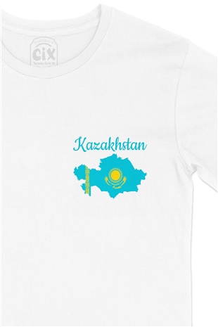 Kazakitan Haritalı ve Bayraklı Cep Logo Tasarımlı Beyaz Tişört