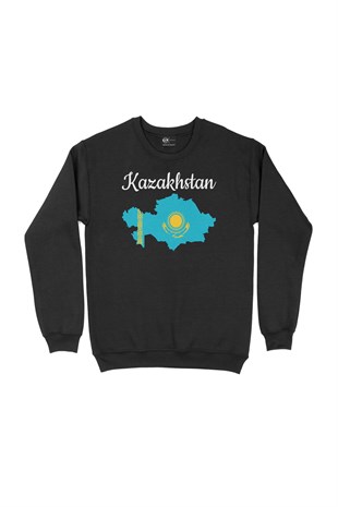 Kazakitan Haritalı ve Bayraklı Siyah Sweatshirt