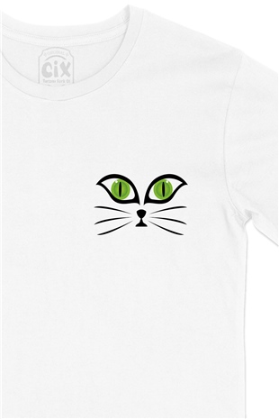 Kedi Tasarımlı Cep Logo Tasarımlı Beyaz Tişört
