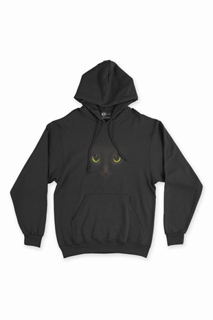 Kedi Tasarımlı Siyah Kapşonlu Sweatshirt Hoodie