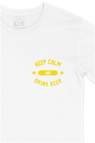 Keep Calm Drink Beer Cep Logo Tasarımlı Beyaz Tişört