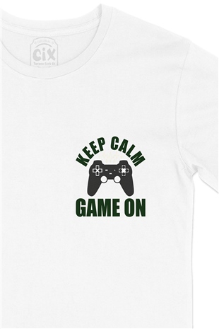 Keep Calm Game On Cep Logo Tasarımlı Beyaz Tişört