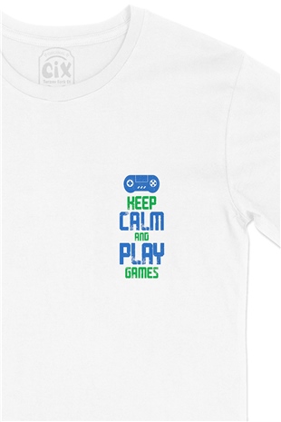 Keep Calm Play Game Cep Logo Tasarımlı Beyaz Tişört