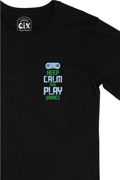 Keep Calm Play Game Cep Logo Tasarımlı Siyah Tişört