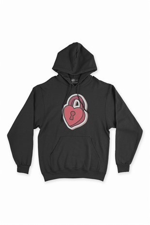 Kilitli Kalp Siyah Kapşonlu Sweatshirt Hoodie