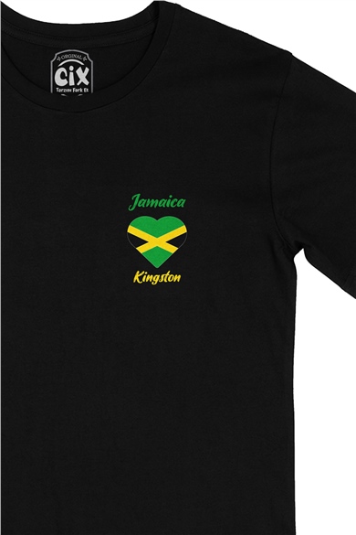 Kingston Jamaika Bayraklı Kalpli Cep Logo Tasarımlı Siyah Tişört