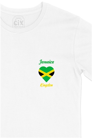 Kingston Jamaika Bayraklı Kalpli Cep Logo Tasarımlı Beyaz Tişört