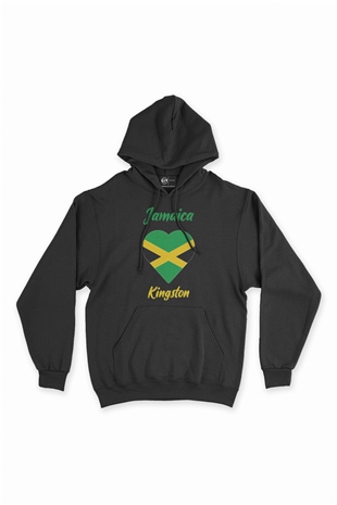 Kingston Jamaika Bayraklı Kalpli Siyah Sweatshirt Hoodie