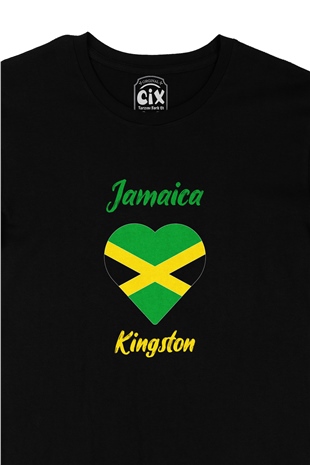 Kingston Jamaika Bayraklı Kalpli Siyah Tişört