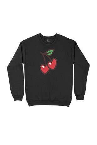 Kirazlı Kalp Siyah Sweatshirt