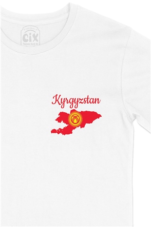 Kırgızistan Haritalı ve Bayraklı Cep Logo Tasarımlı Beyaz Tişört