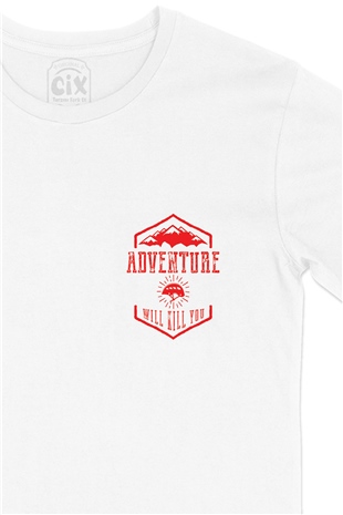 Kırmızı Adventure Will Kill You Cep Logo Tasarımlı Beyaz Tişört