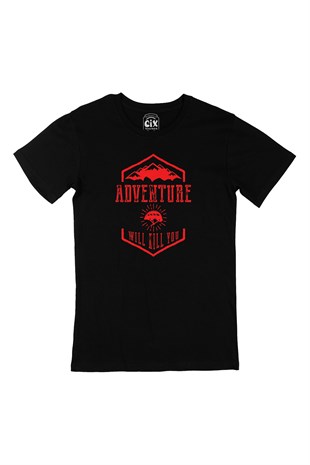 Kırmızı Adventure Will Kill You Siyah Tişört