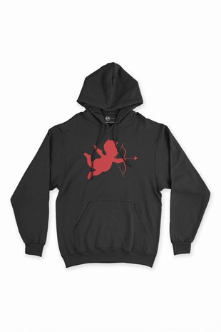 Kırmızı Aşk Oku Siyah Kapşonlu Sweatshirt Hoodie