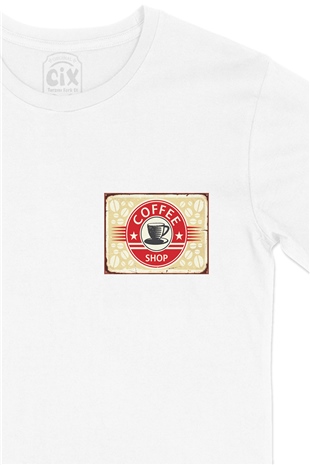 Kırmızı Coffee Shop Cep Logo Tasarımlı Beyaz Tişört