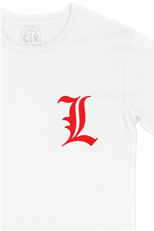 Kırmızı Death Note L Logolu Cep Logo Tasarımlı Beyaz Tişört