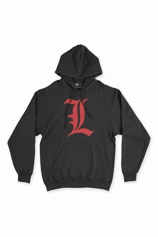 Kırmızı Death Note L Logolu Siyah Kapşonlu Sweatshirt Hoodie
