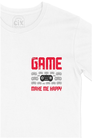 Kırmızı Game Make Me Happy Cep Logo Tasarımlı Beyaz Tişört