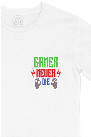 Kırmızı Gamer Never Die Cep Logo Tasarımlı Beyaz Tişört