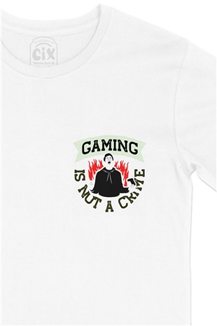 Kırmızı Gaming Is Not A Crime Cep Logo Tasarımlı Beyaz Tişört