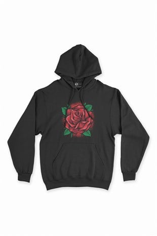 Kırmızı Gül Siyah Kapşonlu Sweatshirt Hoodie