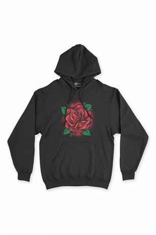 Kırmızı Gül Siyah Kapşonlu Sweatshirt Hoodie