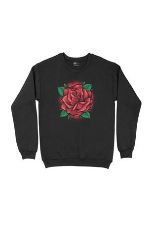 Kırmızı Gül Siyah Sweatshirt