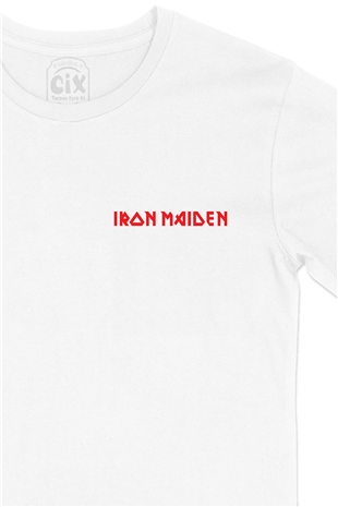 Kırmızı Iron Maiden Cep Logo Tasarımlı Beyaz Tişört