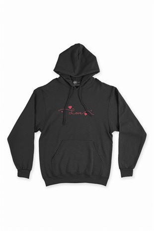 Kırmızı Kalpli Aşk Siyah Kapşonlu Sweatshirt Hoodie