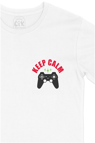 Kırmızı Keep Calm  Cep Logo Tasarımlı Beyaz Tişört