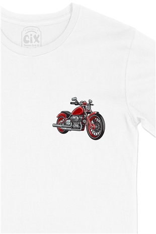 Kırmızı Motor Cep Logo Tasarımlı Beyaz Tişört