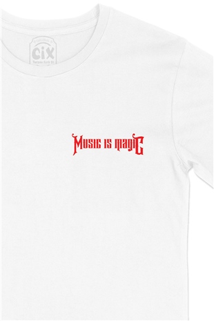 Kırmızı Music Is Magıc Cep Logo Tasarımlı Beyaz Tişört