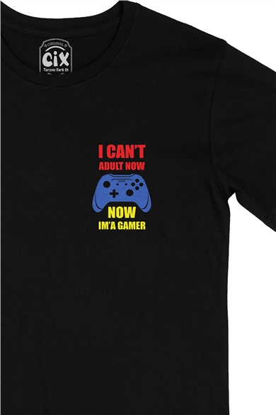 Kırmızı Now I Am A Gamer Cep Logo Tasarımlı Siyah Tişört