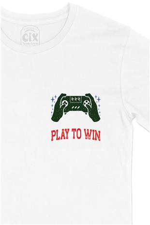 Kırmızı Play To Win  Cep Logo Tasarımlı Beyaz Tişört