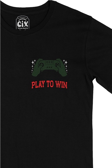 Kırmızı Play To Win  Cep Logo Tasarımlı Siyah Tişört