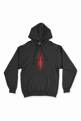 Kırmızı Renkli İnce Örümcek Siyah Kapşonlu Sweatshirt Hoodie