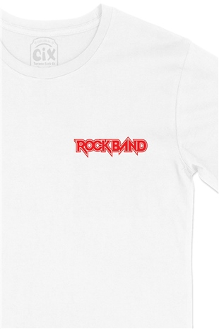 Kırmızı Rockband Logolu Cep Logo Tasarımlı Beyaz Tişört