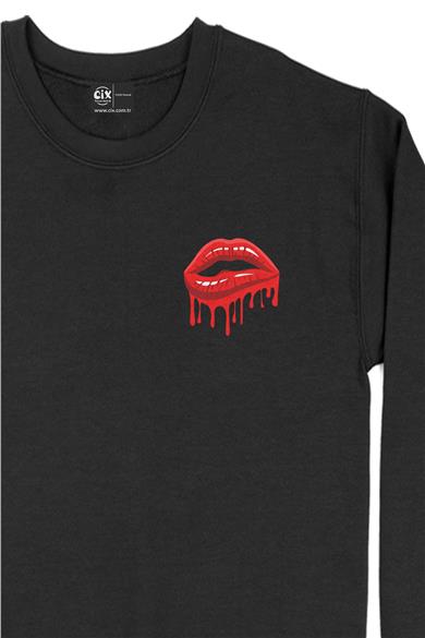 Kırmızı Sexy Dudak Cep Tasarım Baskılı Sweatshirt