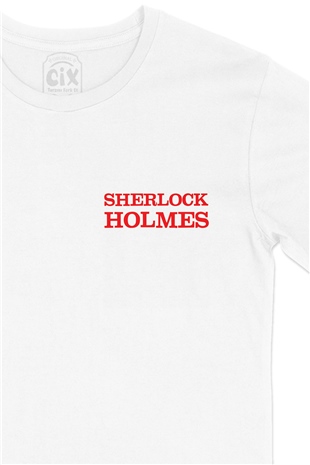 Kırmızı Sherlock Holmes Cep Logo Tasarımlı Beyaz Tişört