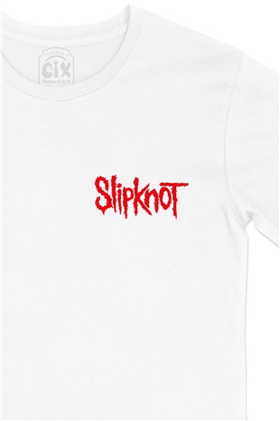 Kırmızı Slipknot Yazılı Cep Logo Tasarımlı Beyaz Tişört