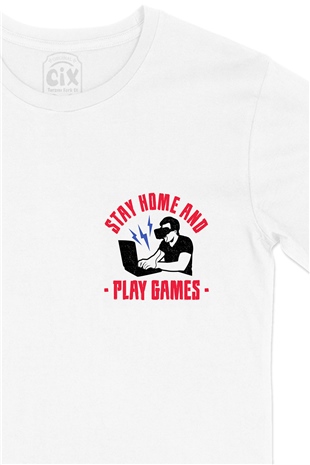 Kırmızı Stay Home Play Game Cep Logo Tasarımlı Beyaz Tişört